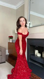 Off-the-shoulder Mermaid Long Prom Dresses Sequin Red New Year's Eve Dresses HZ1024