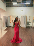 Sweetheart Neck Mermaid Long Prom Dresses Satin Applique Beading Red New Year's Evening Dresses HZ1024