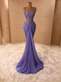 Spaghetti Strap Mermaid Long Prom Dresses Chiffon Beaded Lavender New Year's Eve Dresses HZ1024