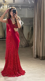 Two-Piece Mermaid Long Prom Dresses Sequin Red New Year's Eve Dresses HZ1024