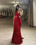 Two-Piece Mermaid Long Prom Dresses Sequin Red New Year's Eve Dresses HZ1024