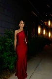 One Shoulder Sheath Long Prom Dresses Satin Wine Red New Year's Eve Dresses HZ1024