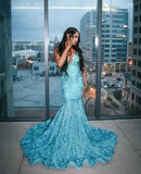 Sweetheart Neck Mermaid Long Prom Dresses Satin Applique Blue New Year's Eve Dresses HZ1024