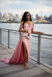 Sweetheart Neck Sheath Long Prom Dresses Satin Sequin Pink New Year Evening Dresses HZ1024
