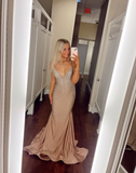 Spaghetti Strap Sheath Long Prom Dresses Satin Champagne Wedding Guest Dresses HZ1024