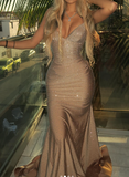 Spaghetti Strap Sheath Long Prom Dresses Satin Champagne Wedding Guest Dresses HZ1024