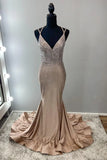 Spaghetti Strap Sheath Long Prom Dresses Satin Champagne Wedding Guest Dresses HZ1024