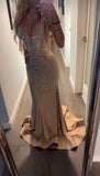 Spaghetti Strap Sheath Long Prom Dresses Satin Champagne Wedding Guest Dresses HZ1024