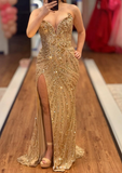 V-neck Sheath Long Prom Dresses Gold Wedding Guest Dresses HZ1024