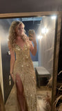 V-neck Sheath Long Prom Dresses Gold Wedding Guest Dresses HZ1024