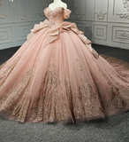 Off-the-Shoulder Ball Gown Tulle Long Prom Dresses Applique Blush Pink Quinceanera Dresses Sweet 16 Dresses HZ1024