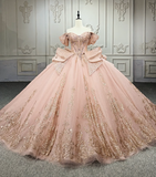 Off-the-Shoulder Ball Gown Tulle Long Prom Dresses Applique Blush Pink Quinceanera Dresses Sweet 16 Dresses HZ1024