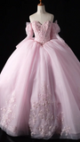 Off-the-Shoulder Ball Gown Tulle Long Prom Dresses Beaded Applique Pink Quinceanera Dresses Sweet 16 Dresses HZ1024