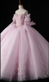 Off-the-Shoulder Ball Gown Tulle Long Prom Dresses Beaded Applique Pink Quinceanera Dresses Sweet 16 Dresses HZ1024
