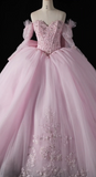 Off-the-Shoulder Ball Gown Tulle Long Prom Dresses Beaded Applique Pink Quinceanera Dresses Sweet 16 Dresses HZ1024