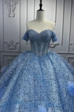 Off-the-shoulder Ball Gown Tulle Long Prom Dresses Beaded Applique Blue Quinceanera Dresses Sweet 16 Dresses HZ1024