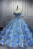 Off-the-shoulder Ball Gown Tulle Long Prom Dresses Beaded Applique Blue Quinceanera Dresses Sweet 16 Dresses HZ1024