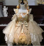 Lace Strap Ball Gown Applique Birthday Evening Dress Yellow Long Sleeve Short Lolita Dresses HZ1024