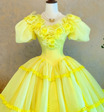Short Sleeve Ball Gown Tulle Long Prom Dresses Flower Yellow Quinceanera Dresses Sweet 16 Dresses HZ1024