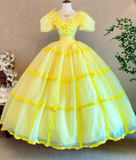 Short Sleeve Ball Gown Tulle Long Prom Dresses Flower Yellow Quinceanera Dresses Sweet 16 Dresses HZ1024