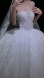 Strapless Ball Gown with Lace Appliques Long Wedding Dresses with Beading White Bridal Gowns Sleeveless Bridal Dresses HZ1024