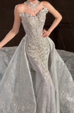 Strapless Mermaid Train Wedding Dresses Beaded Tulle Bridal Gowns Applique Sleeveless Bridal Dresses HZ1024