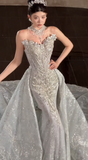 Strapless Mermaid Train Wedding Dresses Beaded Tulle Bridal Gowns Applique Sleeveless Bridal Dresses HZ1024
