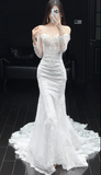 Off-the-shoulder Mermaid Wedding Dresses with Train Beading Lace White Bridal Gowns Applique Long Sleeve Bridal Dresses HZ1024