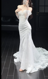 Off-the-shoulder Mermaid Wedding Dresses with Train Beading Lace White Bridal Gowns Applique Long Sleeve Bridal Dresses HZ1024