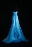 Sweetheart Neck A-Line Long Prom Dresses Vintage Satin Blue Evening Dresses HZ1024
