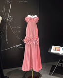 Off-the-shoulder Sheath Long Prom Dresses Satin Pink Evening Dresses Cute Birthday Dresses HZ1024