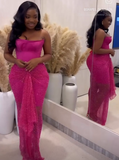 Sheath Long Prom Dresses Satin Fuchsia Evening Dresses Strapless Birthday Dresses HZ1024