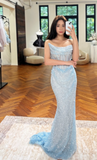 Mermaid Long Prom Dresses Sequin Tulle Light Blue Evening Dresses Strapless Birthday Dresses HZ1024