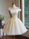 Off Shoulder Satin Lace Short Prom Dress, Champagne Homecoming Dress HZ1024