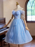 Sweetheart Neck Off Shoulder Blue Short Prom Dress with Beads HZ1024