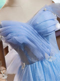 Sweetheart Neck Off Shoulder Blue Short Prom Dress with Beads HZ1024