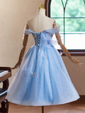 Sweetheart Neck Off Shoulder Blue Short Prom Dress with Beads HZ1024