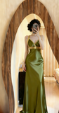 V-neck Sheath Green Long Prom Dresses Satin Sleeveless Green Evening Dresses HZ1024