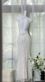 Halter Sheath White Long Prom Dresses Chiffon Beaded White Evening Dresses Shiny Open Back Birthday Dresses HZ1024
