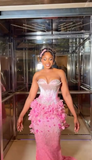 Strapless Mermaid Pink Long Prom Dresses Beaded Applique Pink Evening Dresses HZ1024