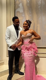 Strapless Mermaid Pink Long Prom Dresses Beaded Applique Pink Evening Dresses HZ1024