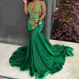 Halter Mermaid Green Long Prom Dresses Velvet Green Evening Dresses HZ1024