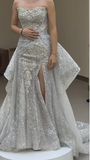 Strapless Sheath Slit Wedding Dresses Sequin Sleeveless Bridal Gowns HZ1024