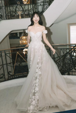 Off-the-shoulder A-Line Long Wedding Dresses Tulle Applique Sleeveless Bridal Gowns Ivory Bridal Dresses HZ1024