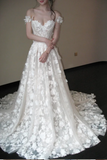 Off-the-shoulder A-Line Long Wedding Dresses Tulle Applique Sleeveless Bridal Gowns Ivory Bridal Dresses HZ1024