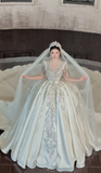 V-neck Ball Gown Long Wedding Dresses Short Sleeve Bridal Gowns Beaded Satin Bridal Dresses HZ1024