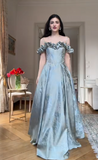 Off-the-Shoulder A-Line Green Long Prom Dresses Printed Satin Long Birthday Dresses Green Evening Dresses HZ1024