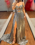 Off-the-Shoulder Sheath Silver Long Prom Dresses Pleated Long Birthday Dresses Slit Silver Evening Dresses HZ1024