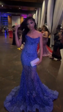 Strapless Mermaid Royal Blue Long Prom Dresses Tulle Sequin Sleeveless Formal Dresses Royal Blue Birthday Dresses HZ1024