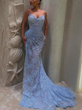 Sweetheart Neck Sheath Blue Long Prom Dresses Lace Applique Sleeveless Formal Dresses Blue Evening Dresses HZ1024